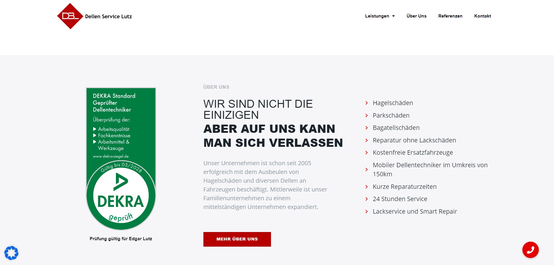 Screenshot der Website von Dellen Service Lutz mit DEKRA-Zertifikat und Informationen zu angebotenen Leistungen wie Hagelschäden, Parkschäden und Smart Repair.