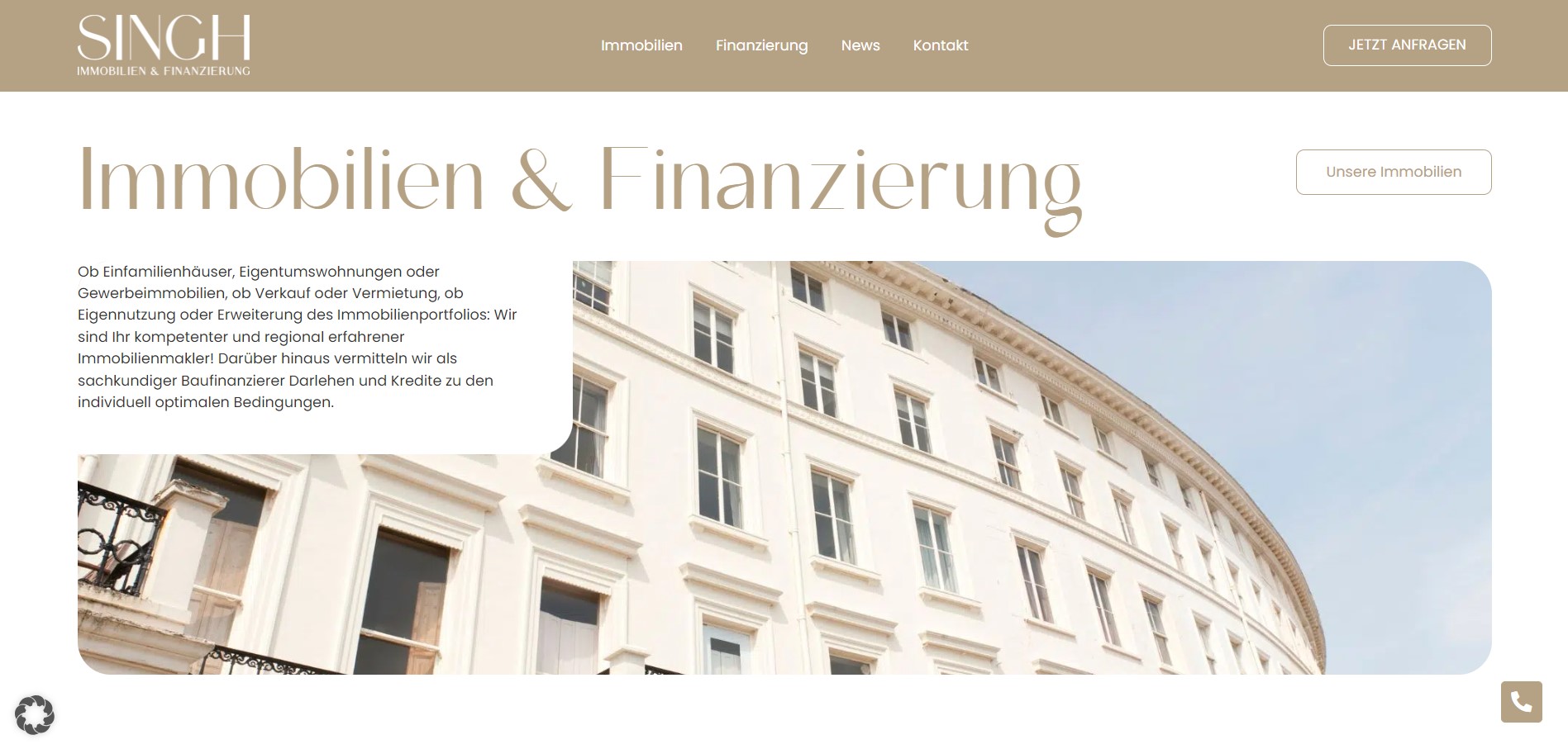 Webseite der Firma SINGH Immobilien & Finanzierung mit Beschreibung der angebotenen Dienstleistungen und Bild eines Gebäudes.