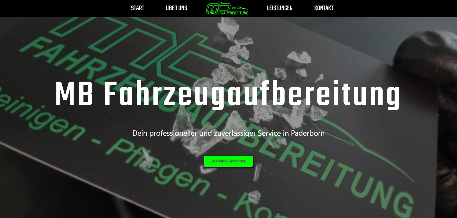 Website von MB Fahrzeugaufbereitung mit Menü und Werbeslogan.