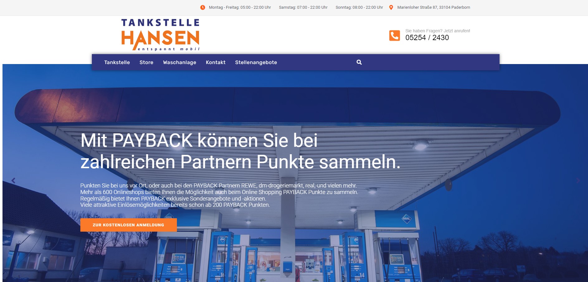 Website der Tankstelle Hansen mit PAYBACK-Punkte-Sammelangebot, Öffnungszeiten und Kontaktdetails.