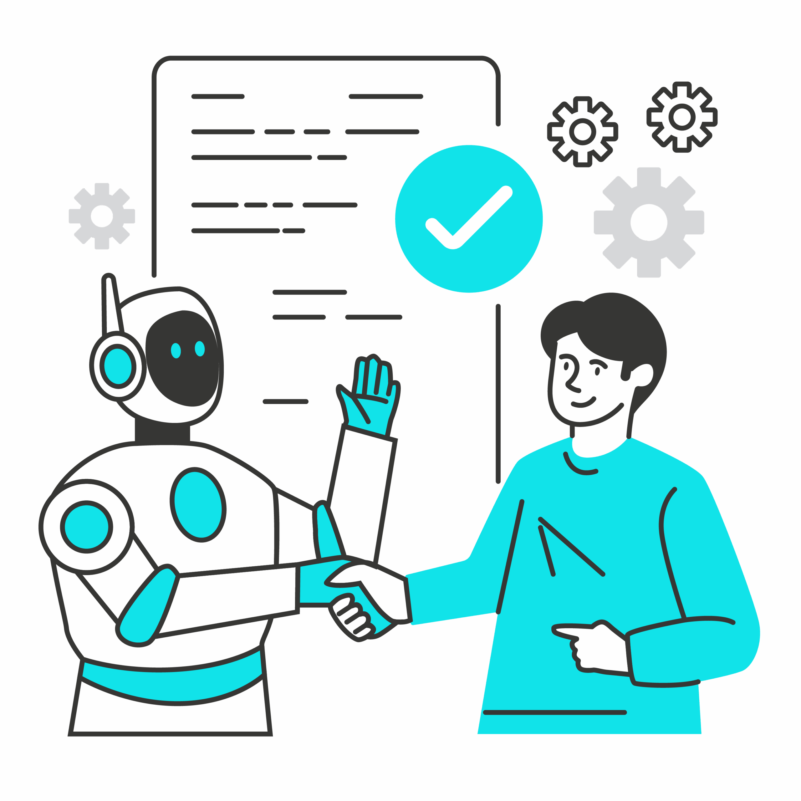 Ein Roboter und ein Mensch schütteln Hände vor einem Hintergrund mit Zahnrädern und einem Häkchen-Symbol, was Zusammenarbeit symbolisiert.