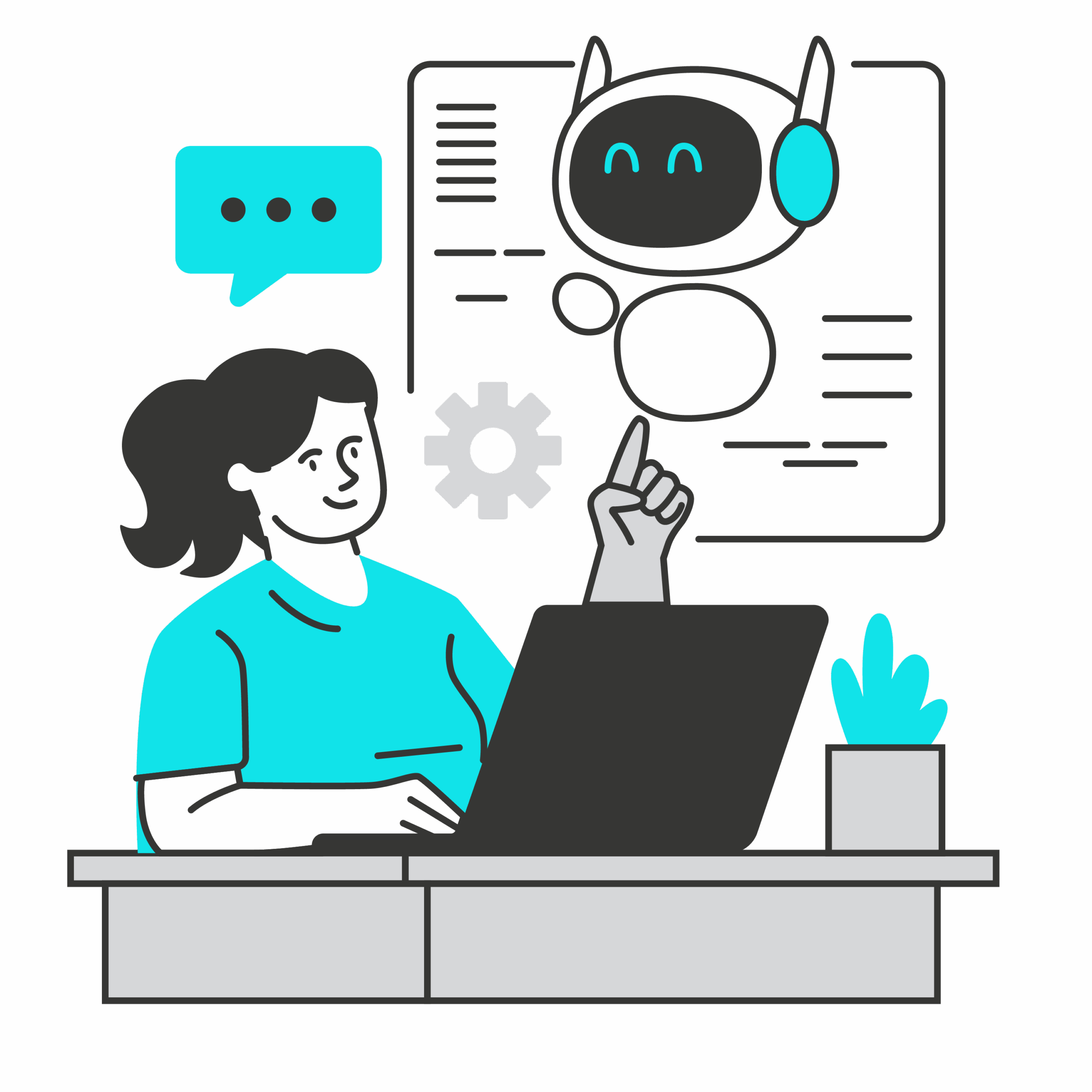 Illustration einer Person an einem Schreibtisch mit einem Laptop, umgeben von einem Sprechblasen- und Zahnrad-Symbol sowie einem Roboter-Gesicht auf einem Bildschirm.