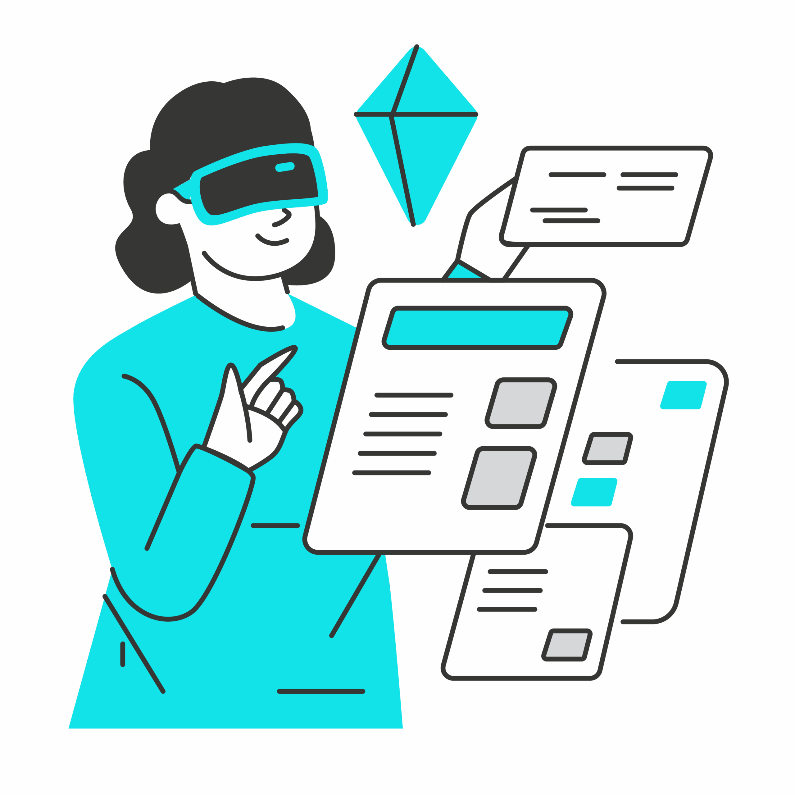 Illustration einer Person mit Virtual-Reality-Brille, die mit schwebenden Benutzeroberflächen-Elementen interagiert; ein schwebender Diamant ist sichtbar.