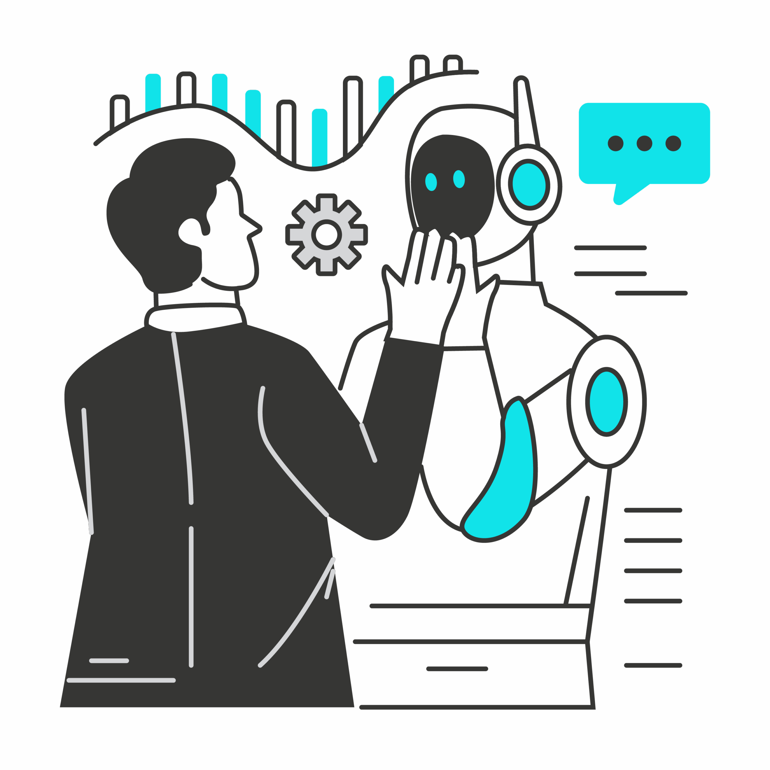 Illustration eines Menschen, der mit einem Roboter interagiert, symbolisiert durch eine sprechende Geste, umgeben von Grafiken und einem Zahnradsymbol auf schwarzem Hintergrund.