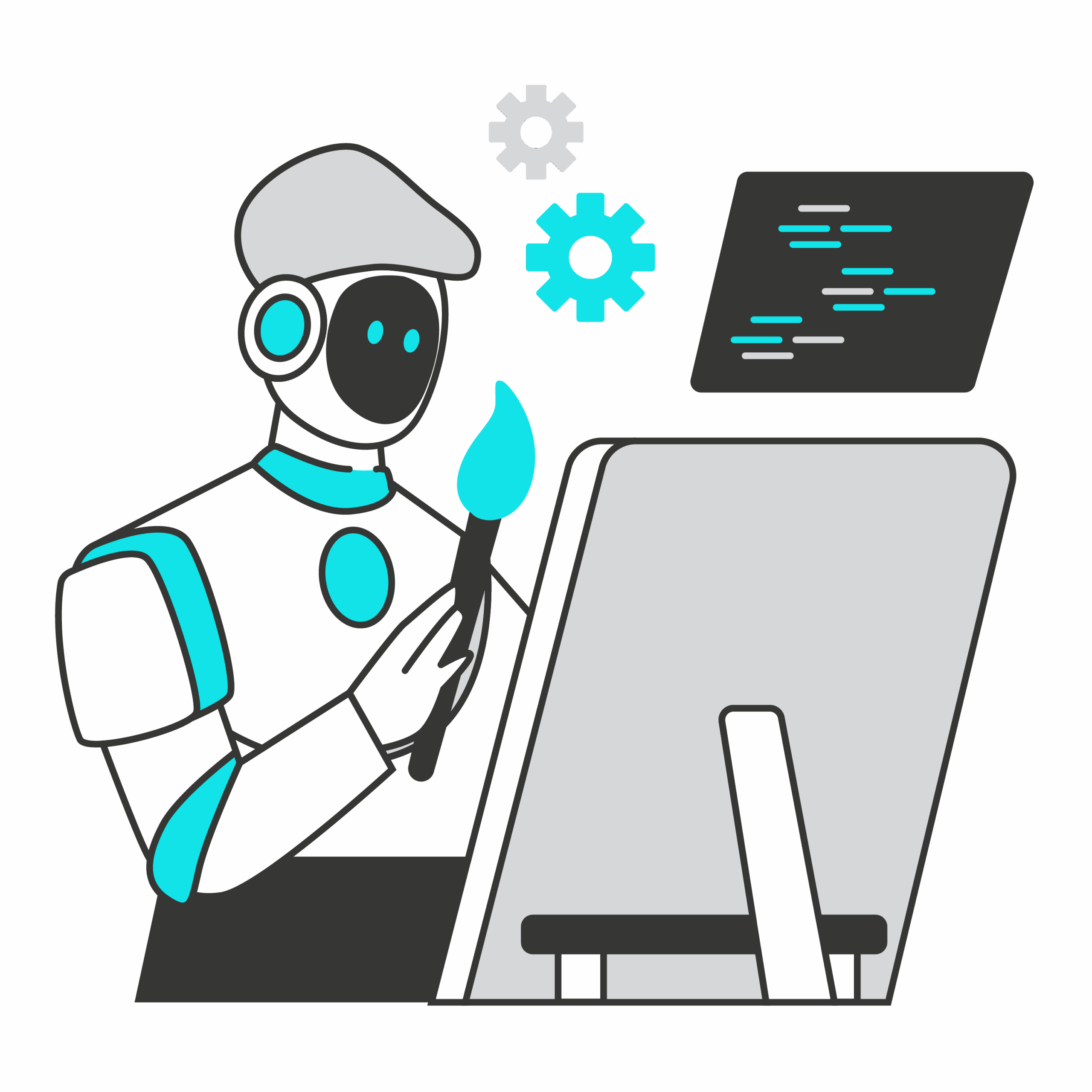 Ein stilisierter Roboter, der mit einem Pinsel auf einer Leinwand malt, umgeben von Zahnrädern und Programmiercode.
