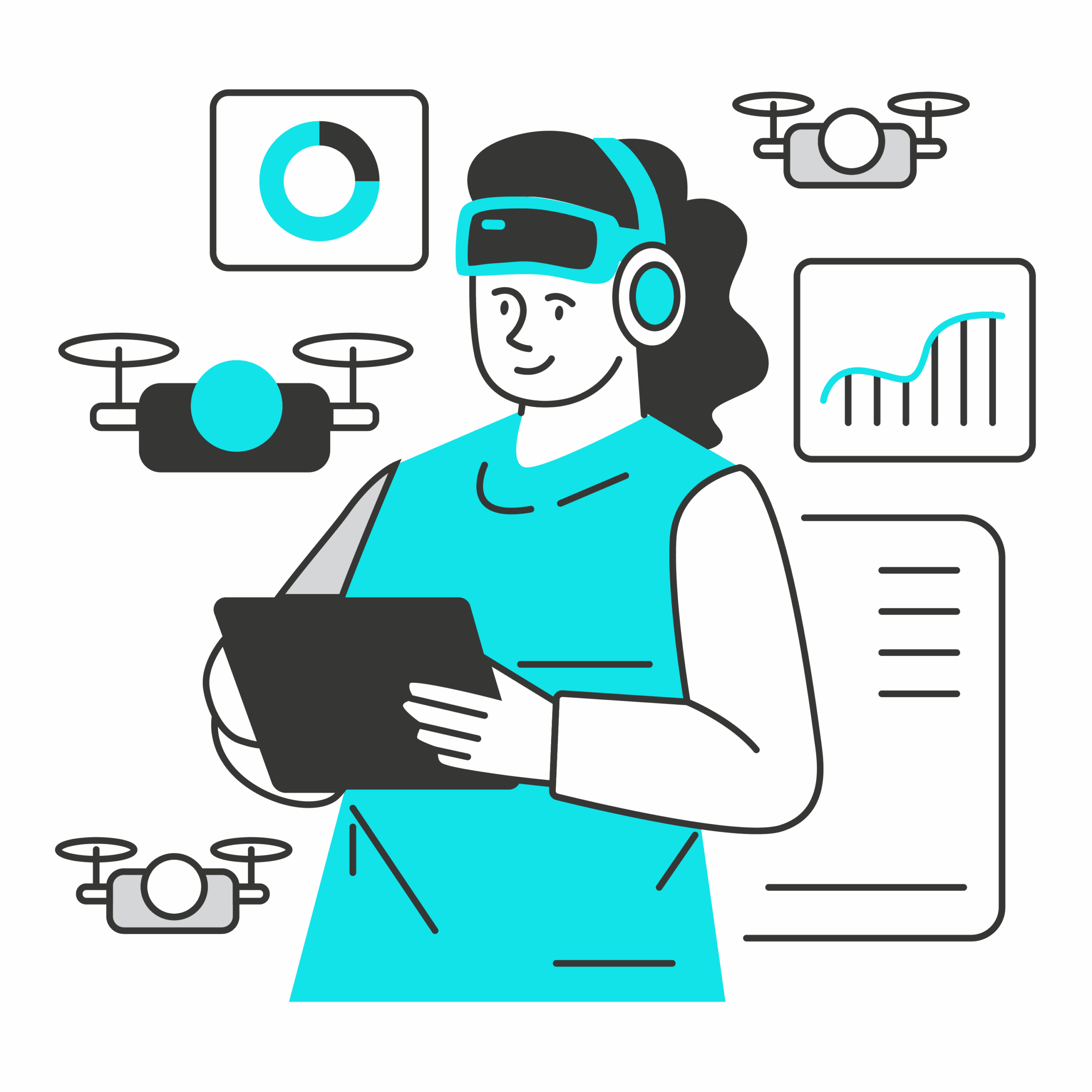 Illustration einer Person mit Virtual-Reality-Brille, die ein Tablet hält, umgeben von Drohnen und Diagrammen auf dunkelgrauem Hintergrund.