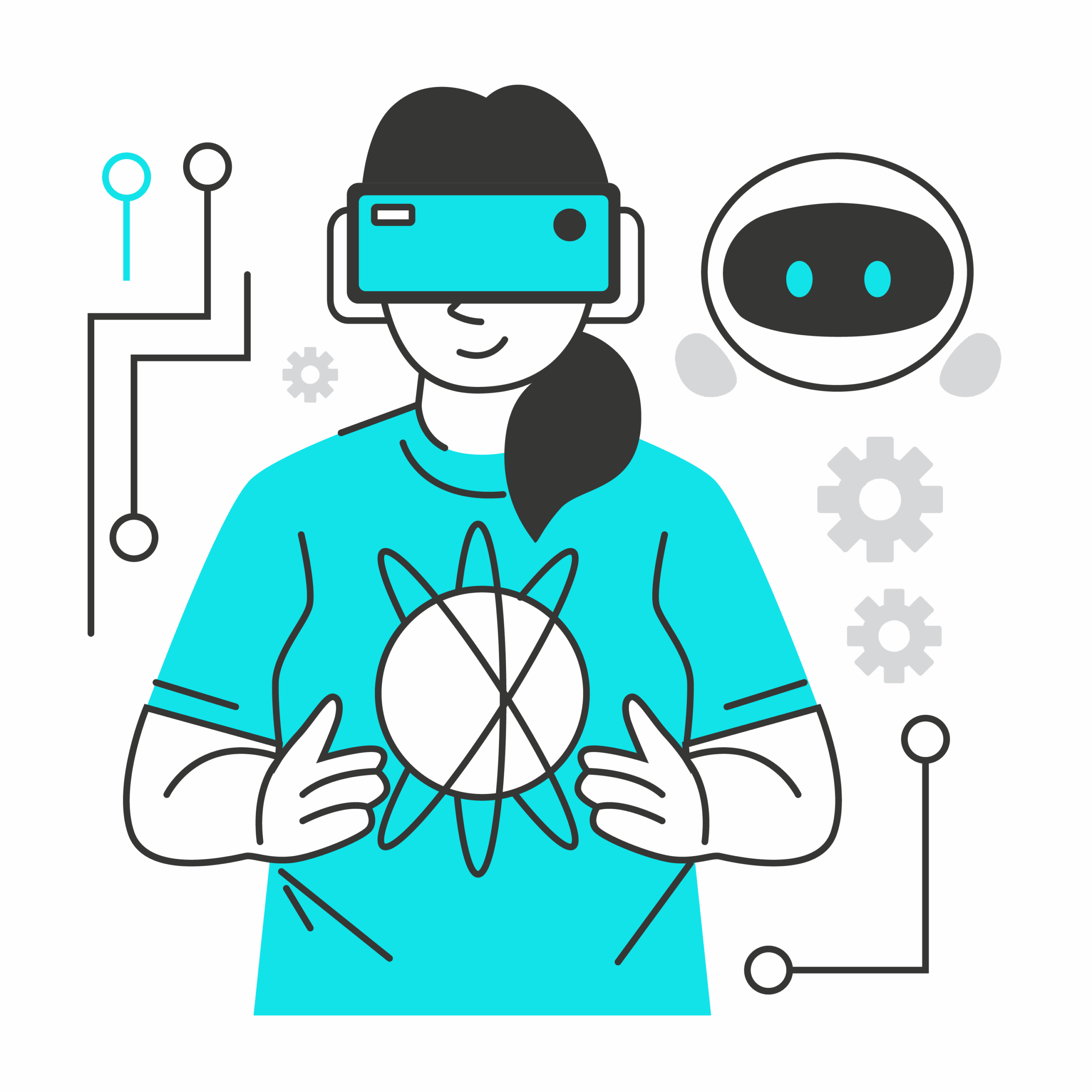 Grafik einer Person mit Virtual-Reality-Brille und einem Atom-Symbol auf dem T-Shirt, umgeben von technischen Elementen und einem stilisierten Roboter-Gesicht.