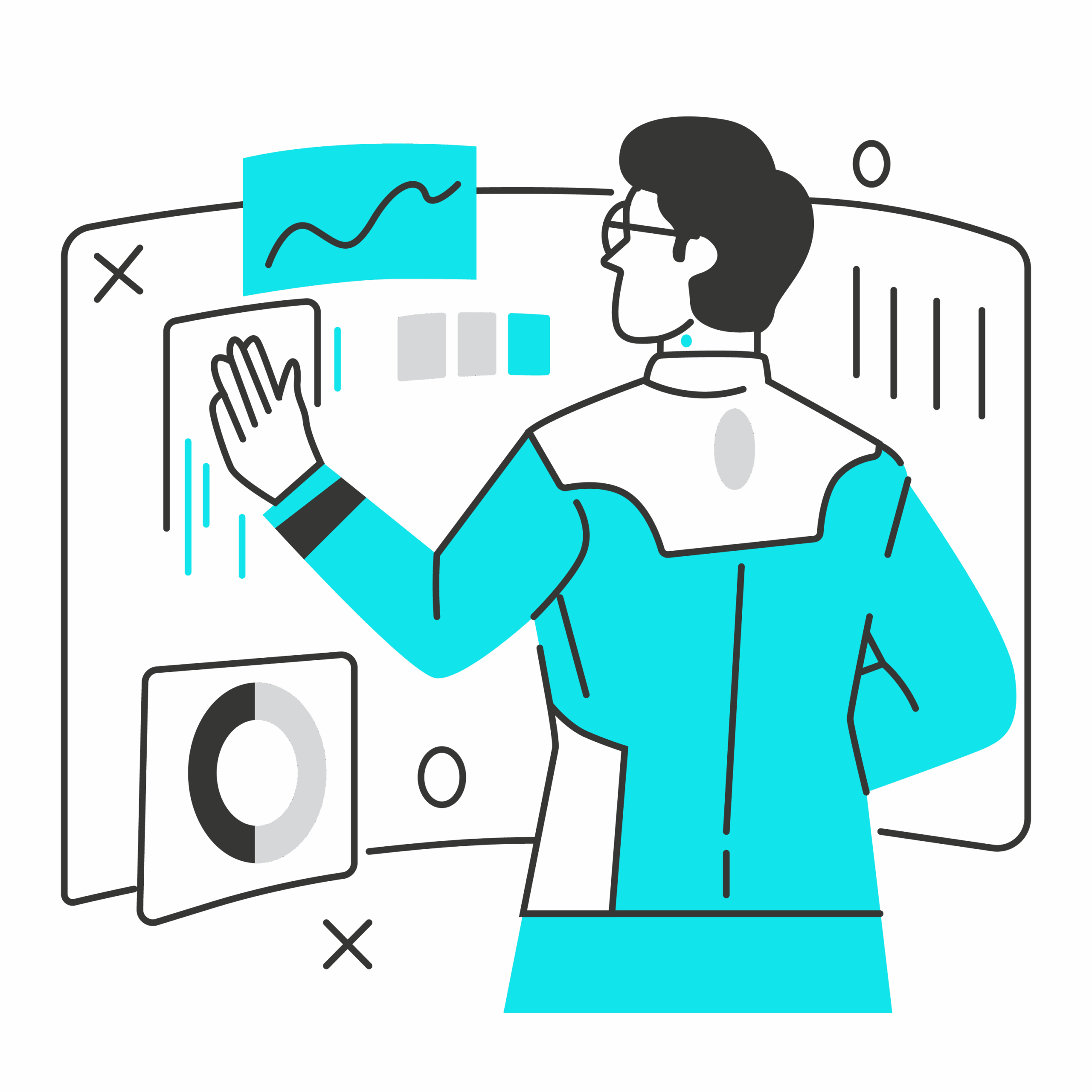 Illustration einer Person in futuristischer Kleidung, die mit einem großen Bildschirm interagiert; verschiedene Diagramme und Grafiken sind sichtbar.