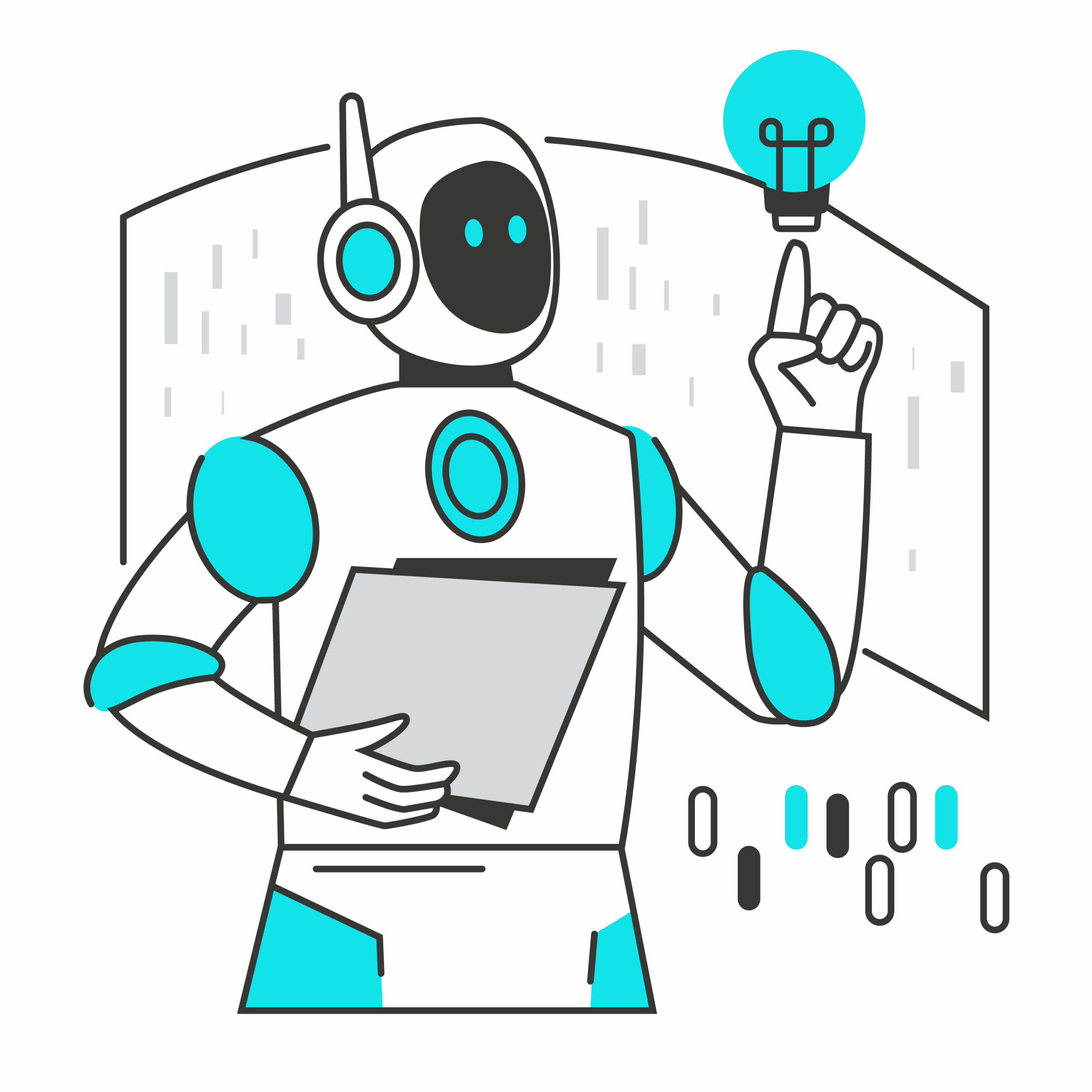 Ein stilisierter Roboter mit leuchtend blauen Akzenten hält ein Dokument in einer Hand und hebt den Zeigefinger der anderen Hand, über dem eine Glühbirne schwebt, vor einem Hintergrund mit binären Zahlen und abstrahierter Skyline.