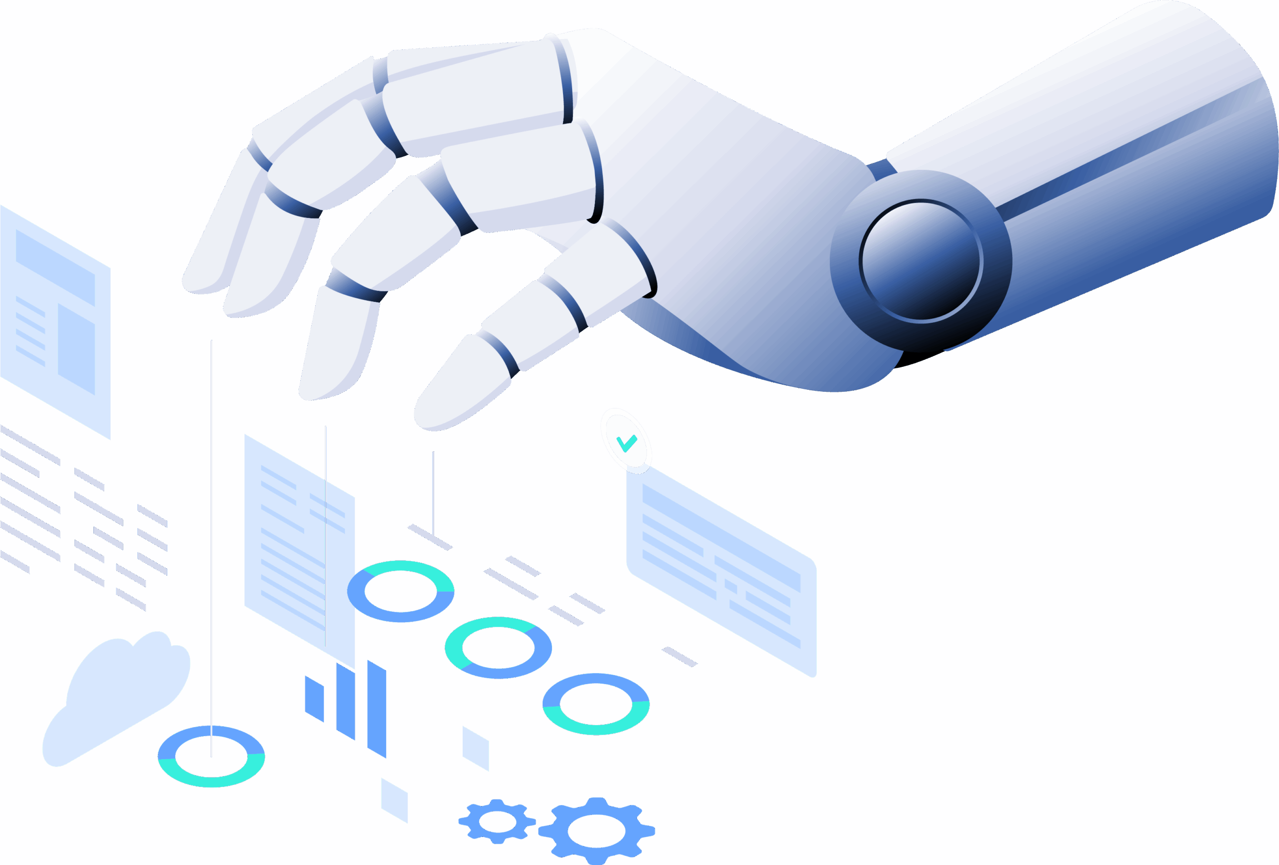 Roboterhand interagiert mit digitalen Elementen wie Symbolen und Grafiken in Blau.