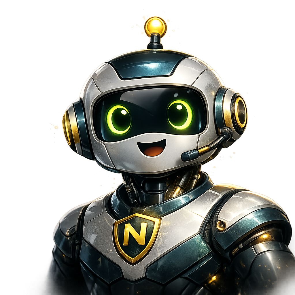 Ein niedlicher Roboter mit glänzendem, silbernem Exoskelett, leuchtend grünen Augen, einem lächelnden Gesicht und einem Mikrofon am Ohr. Auf seiner Brust ist ein goldenes Emblem mit dem Buchstaben 'N'.